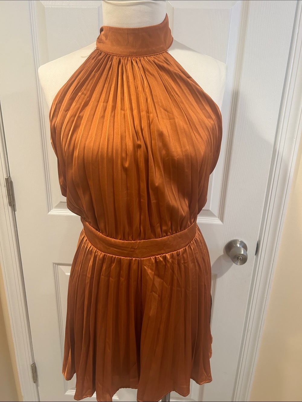 High-Neck Pleated Mini Dress in Rust Orange